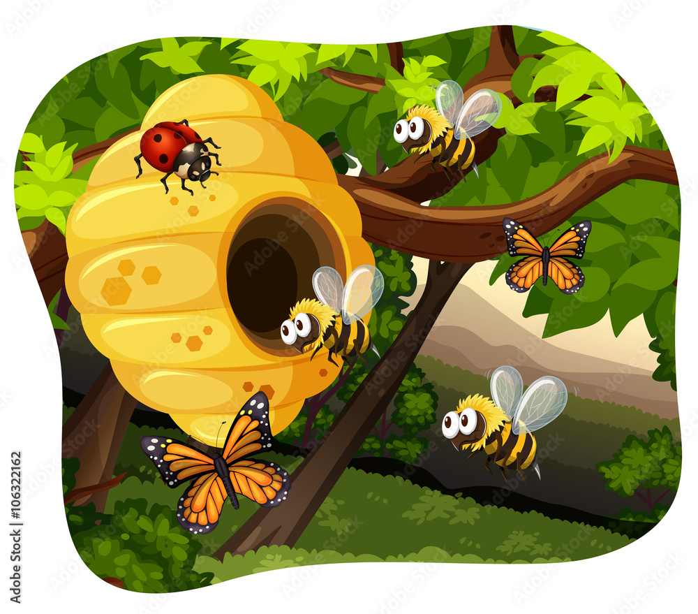树上的蜜蜂和虫子