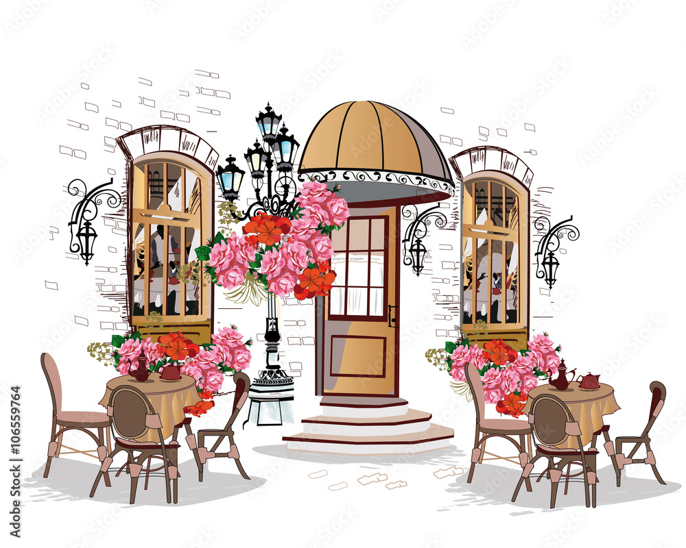 一系列背景装饰有鲜花、古城景观和街头咖啡馆。