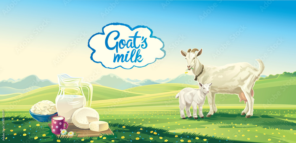 山羊和儿童的乡村景观以及乳制品。矢量插图。
