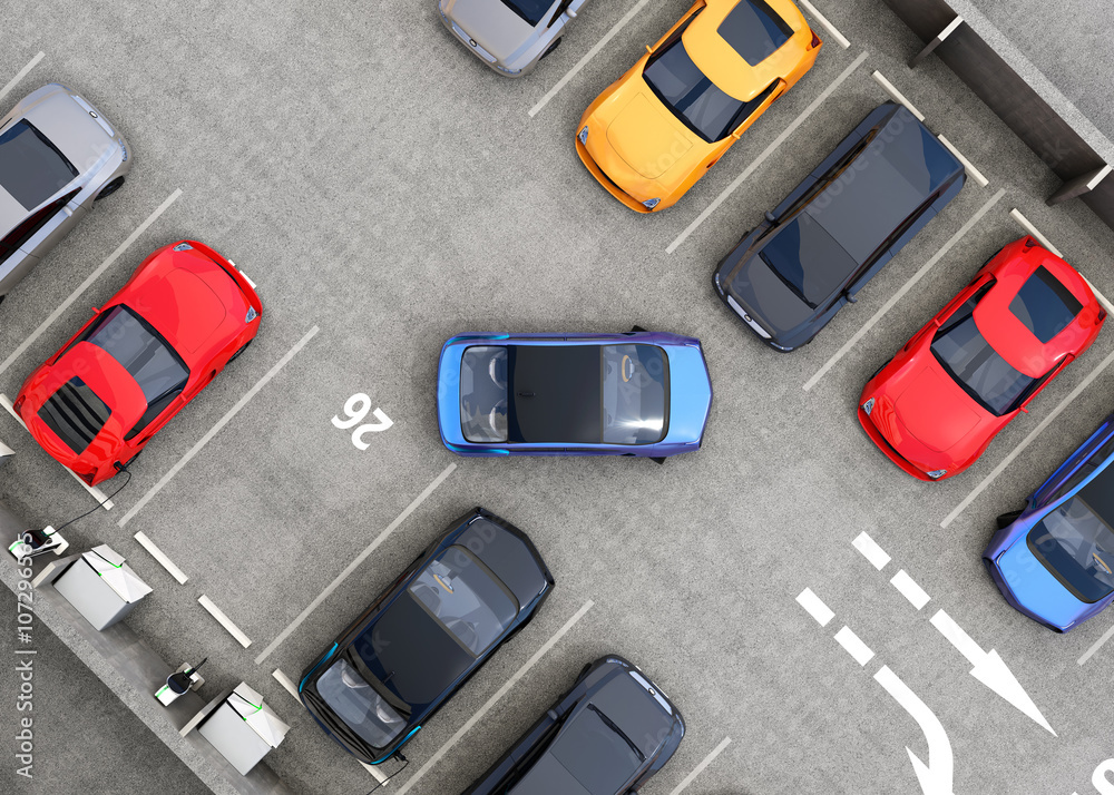 停车场鸟瞰图。一半的停车场可用于电动汽车充电服务。3D渲染图像