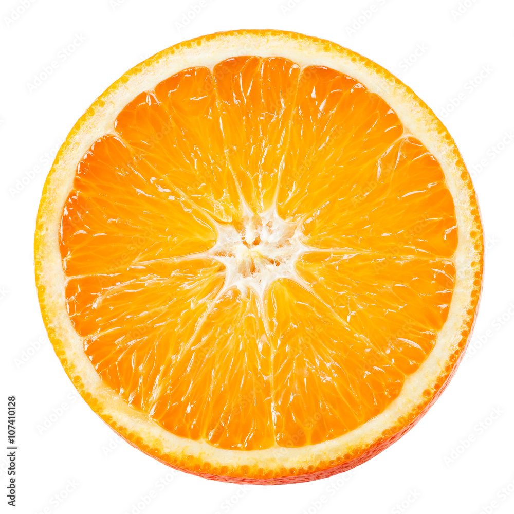 橙色水果。白色的圆形切片。俯视图。