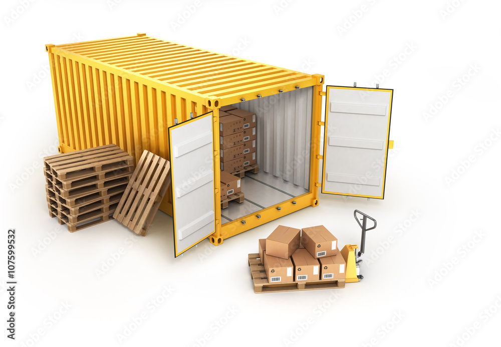 open container pallets with boxes and hand truck isolated on whi