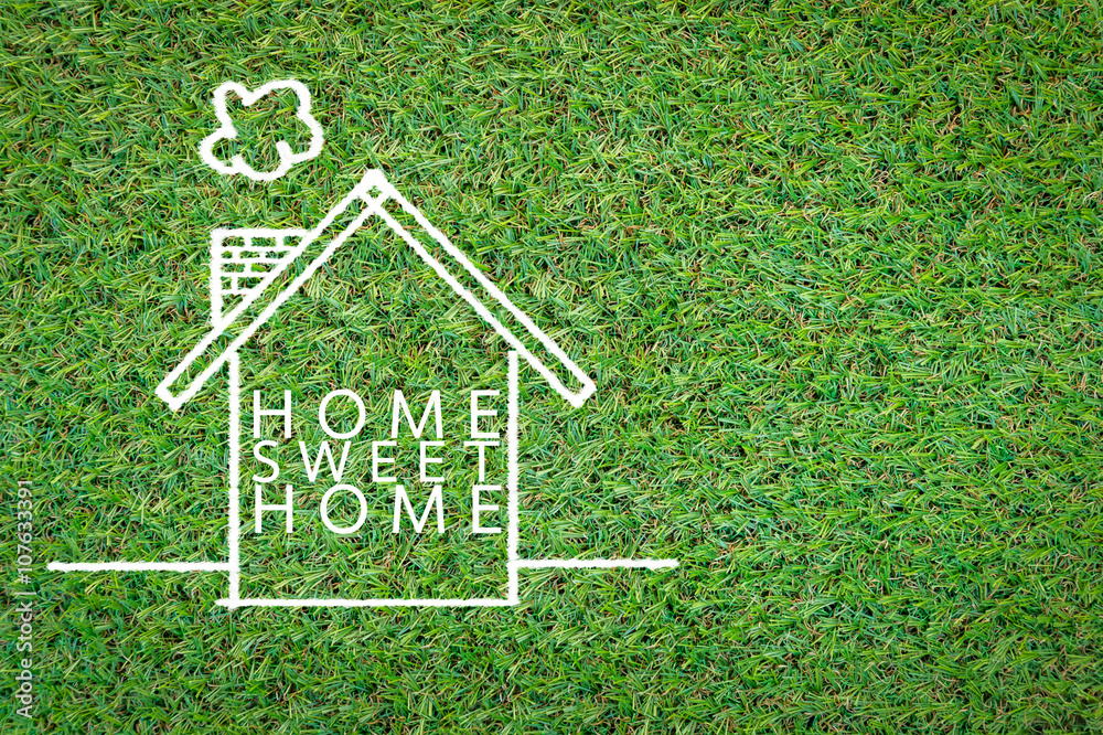 家里甜蜜的家绘制在草地纹理上