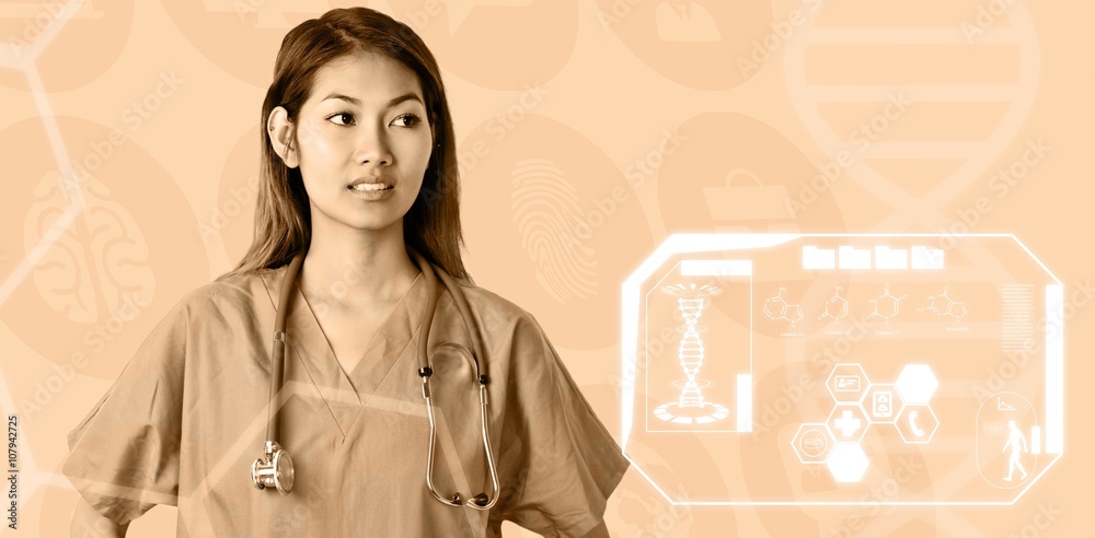 亚洲护士手持听诊器的合成图像