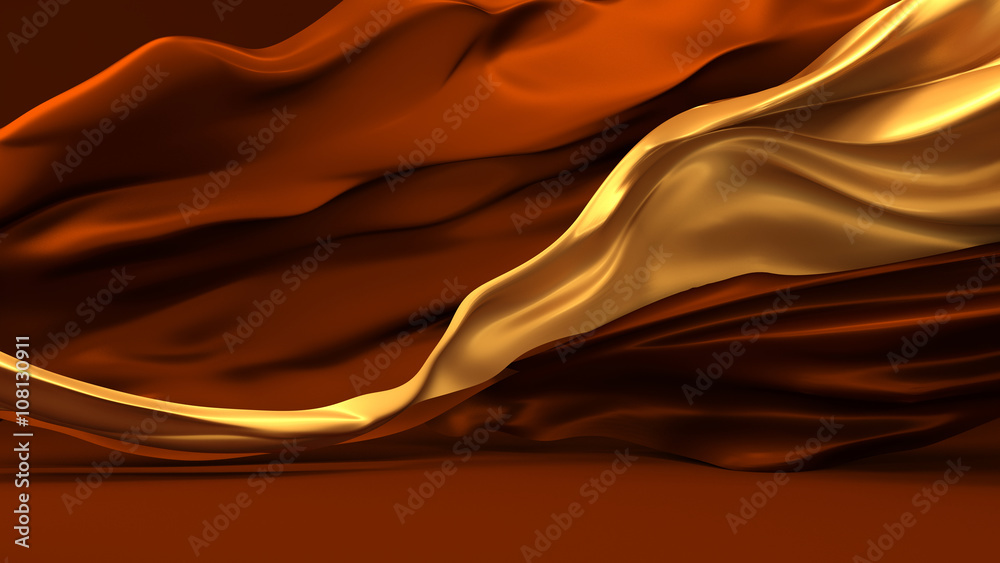 Beautiful background of chocolate and caramel colors with developing the wind yellow ribbons and cof