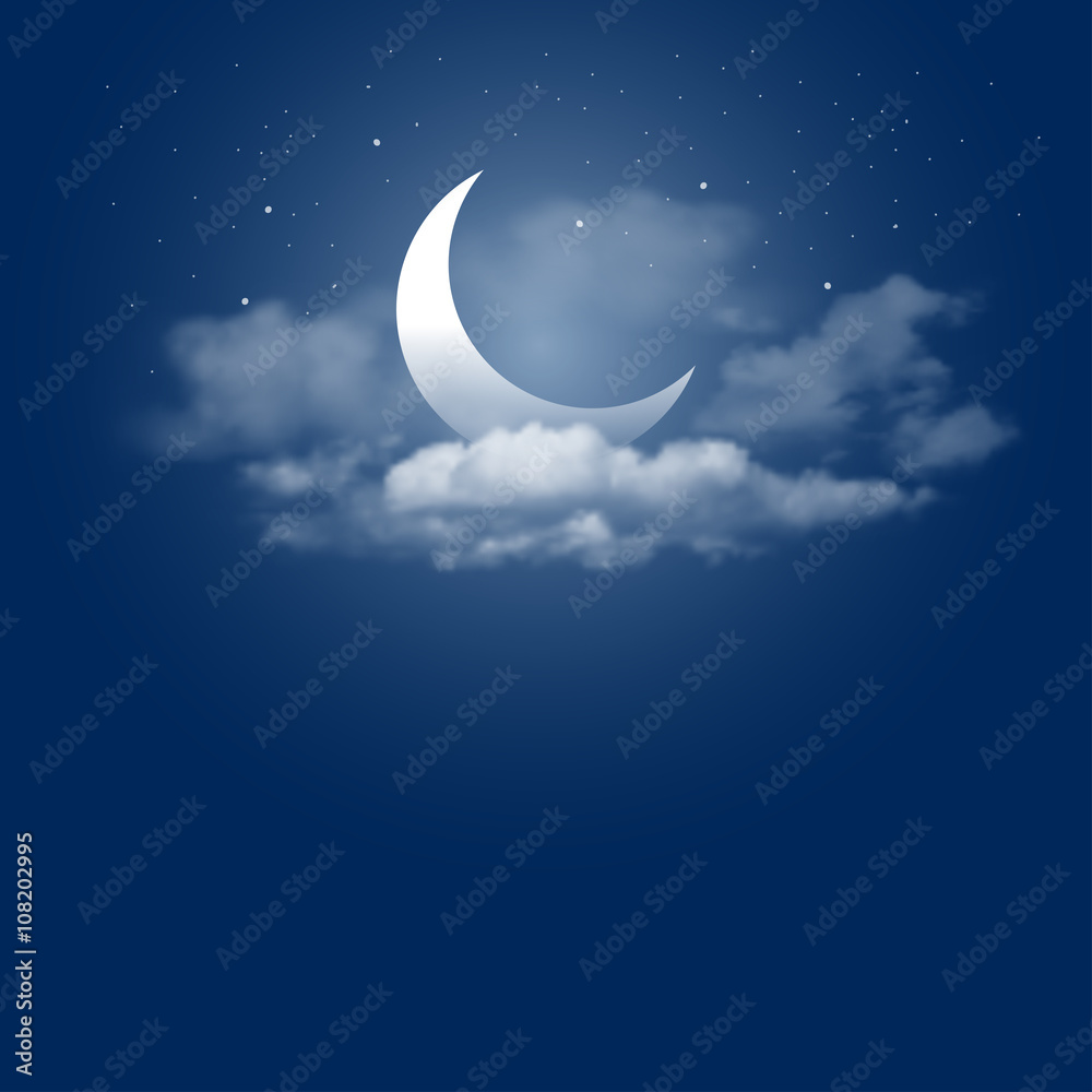 神秘的夜空背景，有半月、云朵和星星。月光之夜。矢量插图
