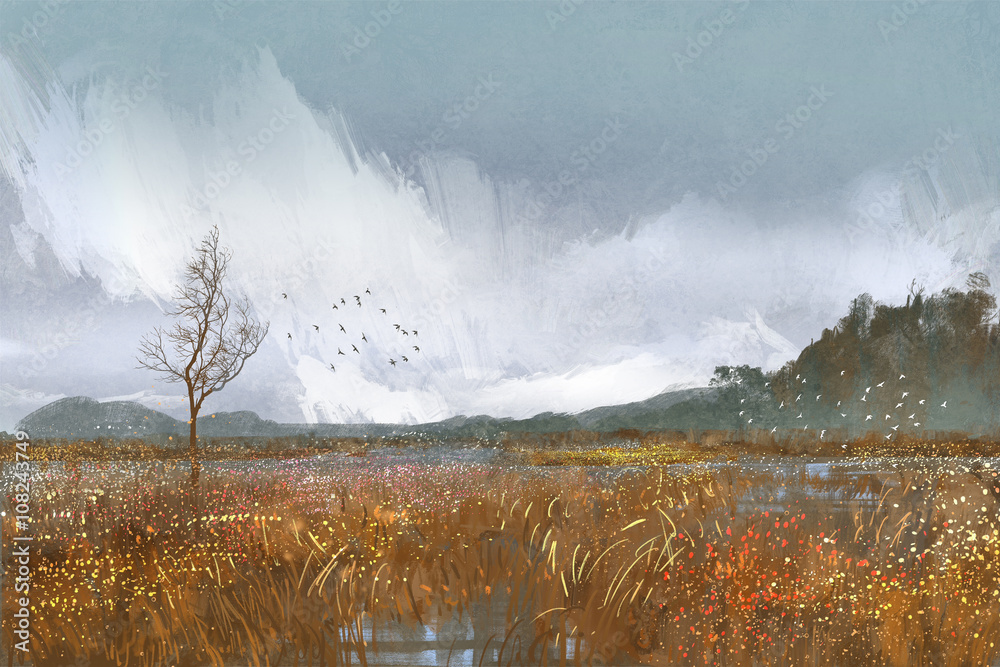 用田野和草地描绘风景，雨天，悲伤的心情