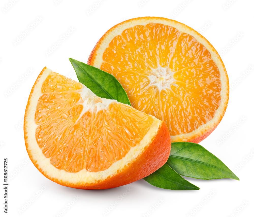 Orange fruit with leaves isolated on white.