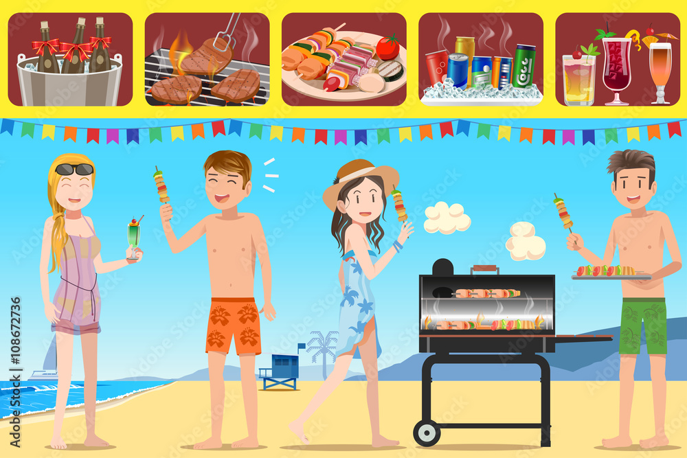 海滩派对烧烤。海滩活动插图。烧烤概念。插图