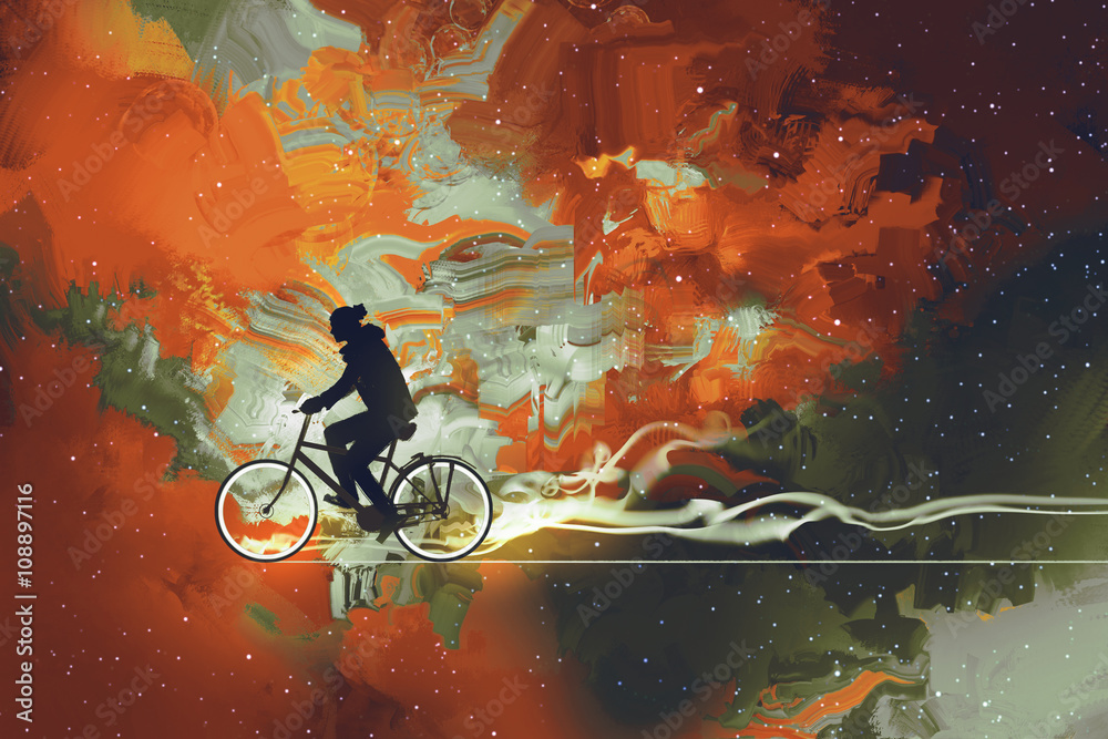 宇宙中骑自行车的人的剪影，插图艺术