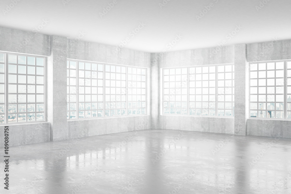 空的浅色混凝土房间，带窗户和城市景观，3D效果图