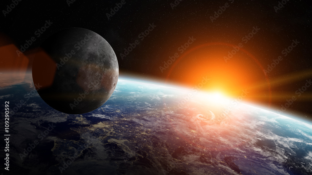 月球在太空中靠近地球的景象