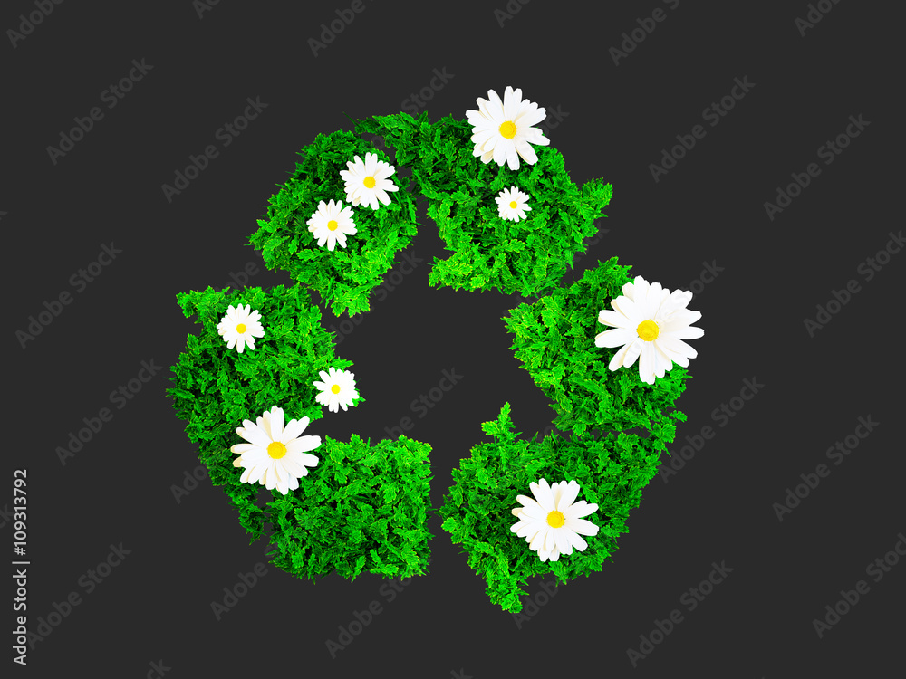 绿色回收标志，白色菊花隔离在深灰色的空地上。