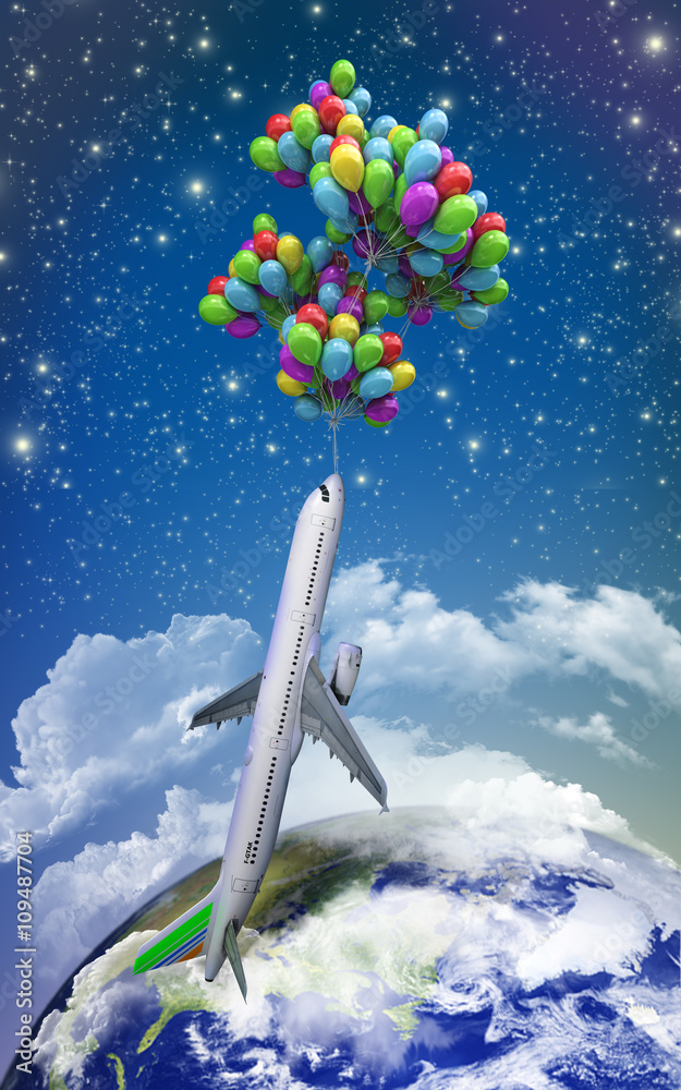 VT轻型航空旅行概念飞机在背面的气球上飞行
