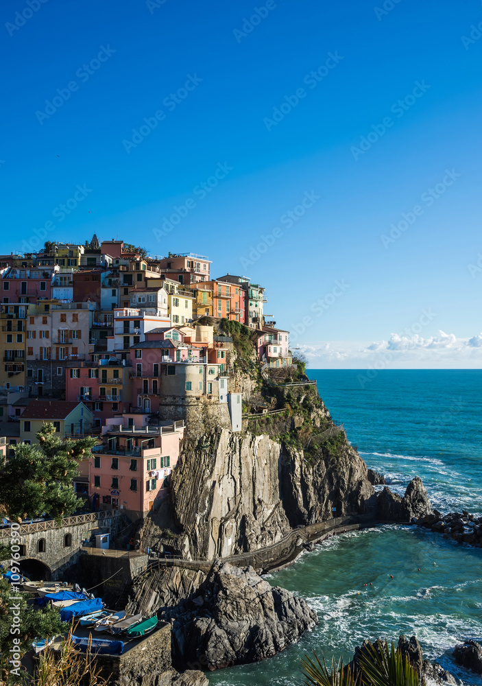 Scenic view of Manarola village and the sea in Liguria region, Cinque Terre, northern Italy on clear