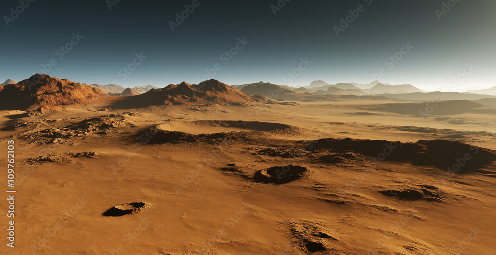 Dust on Mars. Sunset on Mars. Martian landscape with craters