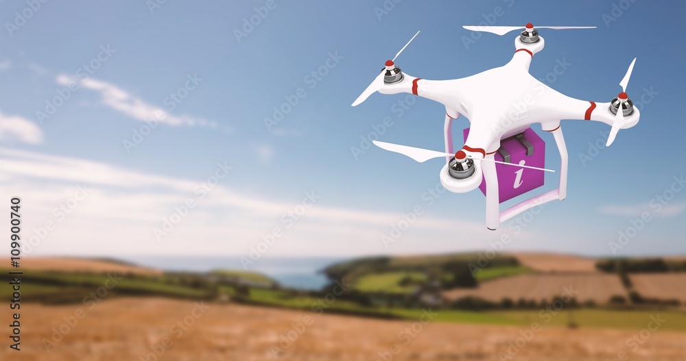 一架无人机带来粉红色立方体的合成图像