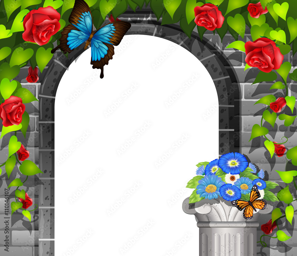 砖墙和玫瑰的场景