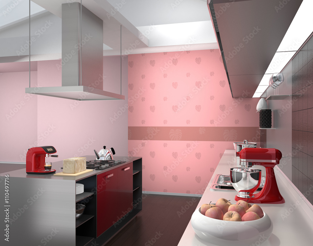 现代厨房内部，粉色蒙斯特拉壁纸。3D渲染图像。