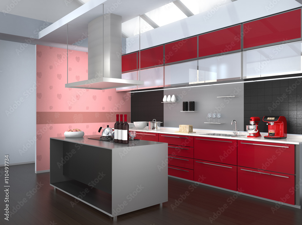 现代厨房内部，粉色蒙斯特拉壁纸。3D渲染图像。
