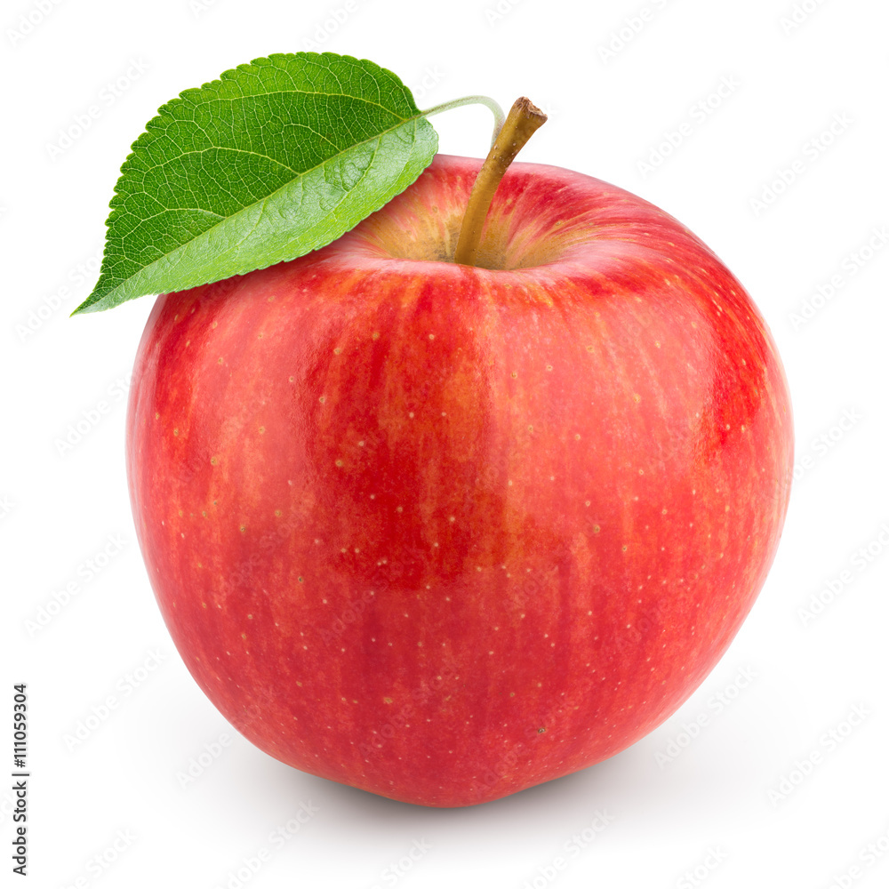 新鲜的红色苹果，叶片在白色上分离。