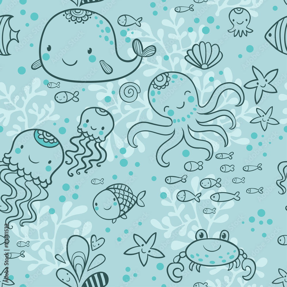 卡通海洋无缝图案，适合儿童壁纸。鲸鱼、章鱼、水母、鱼、螃蟹、星星