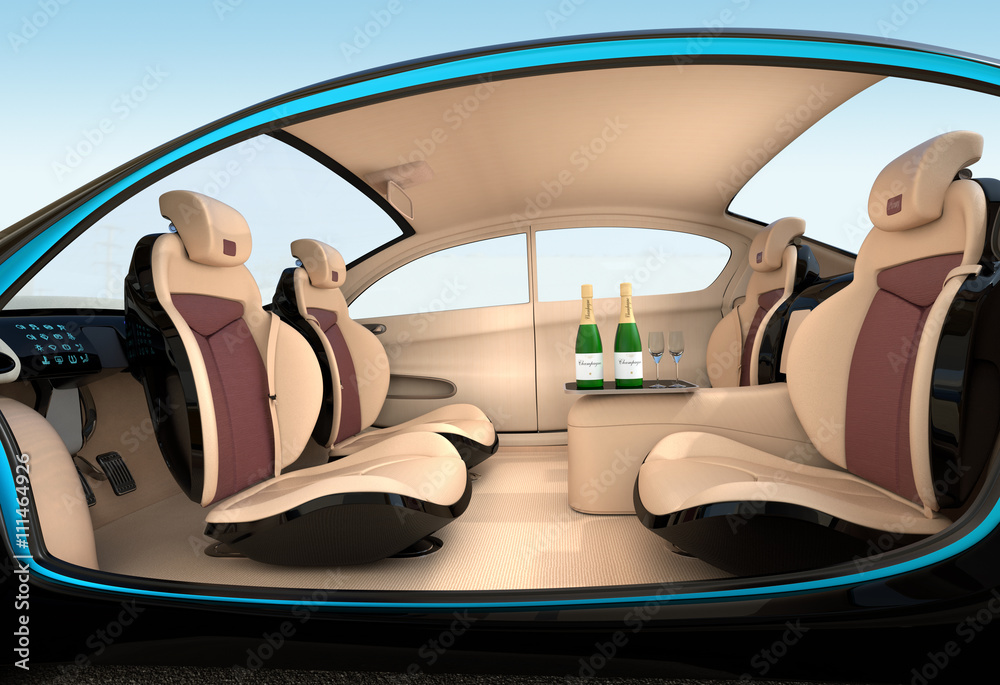 自动驾驶汽车内饰概念。豪华内饰提供冷饮服务。座椅靠背配备