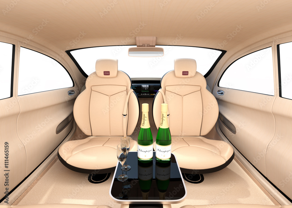自动驾驶汽车内饰概念。豪华内饰提供冷饮服务。座椅靠背配备