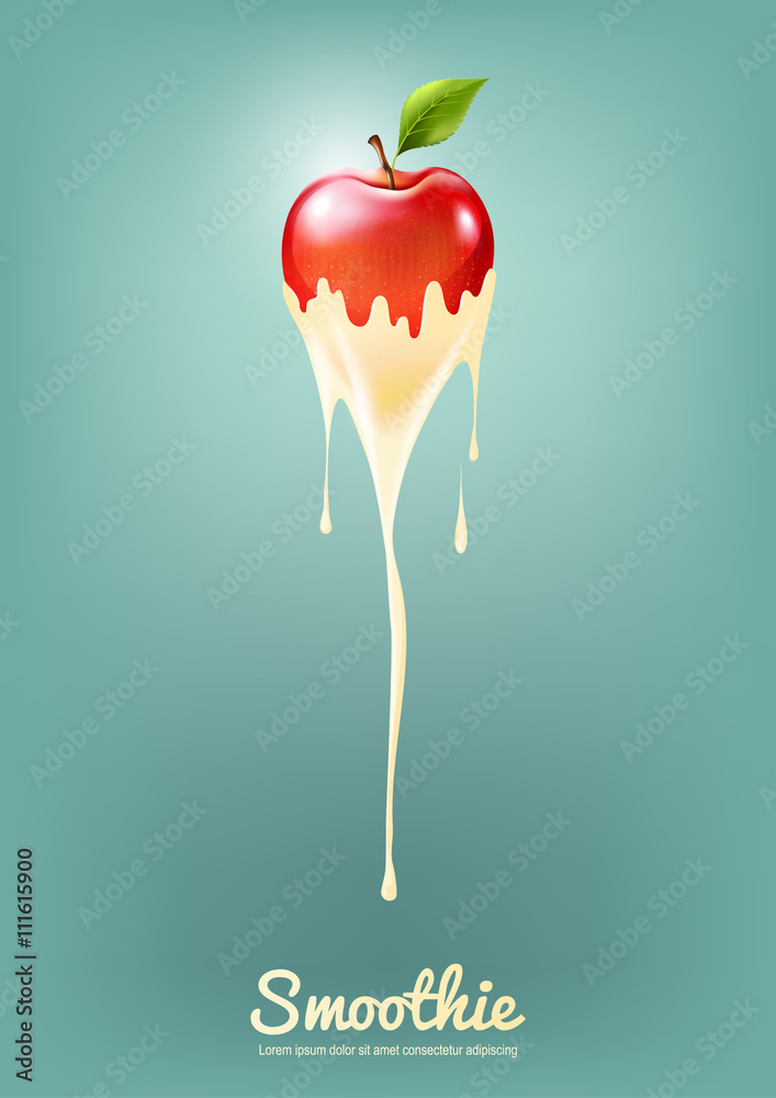 红苹果酸奶和冰沙牛奶配水果，果汁概念，矢量插图