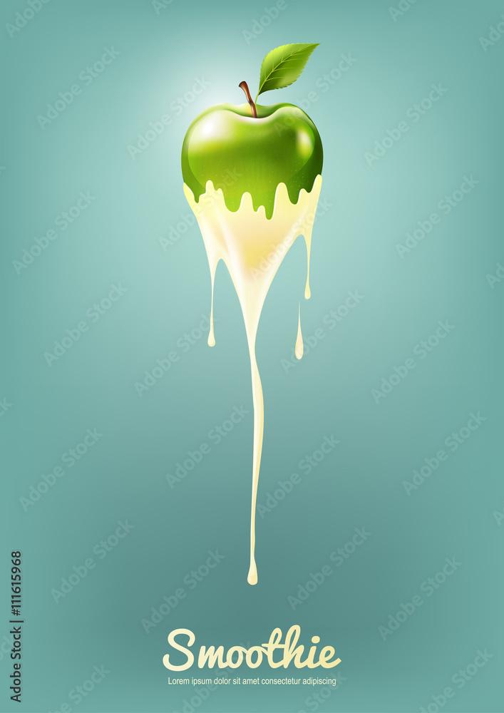带水果的绿苹果酸奶和冰沙牛奶，果汁概念，矢量插图