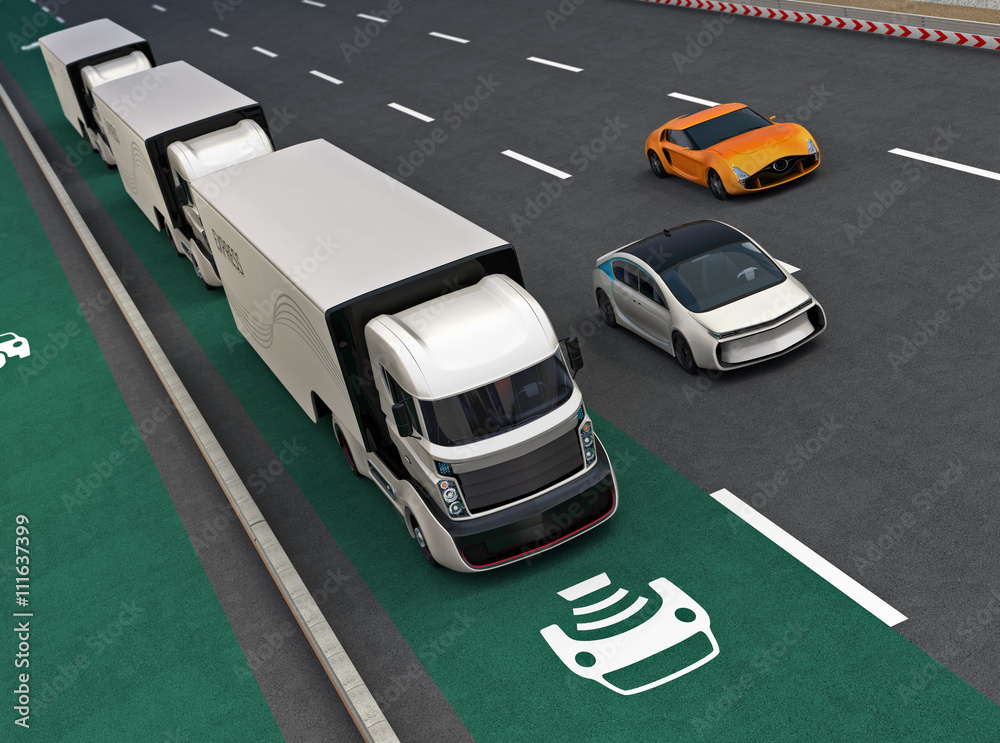 在无线充电车道上行驶的自动驾驶混合动力卡车车队。3D渲染图像。