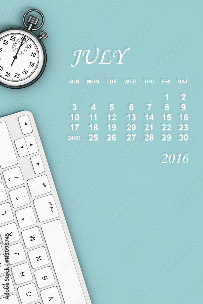 2016年日历。六月日历。三维渲染
