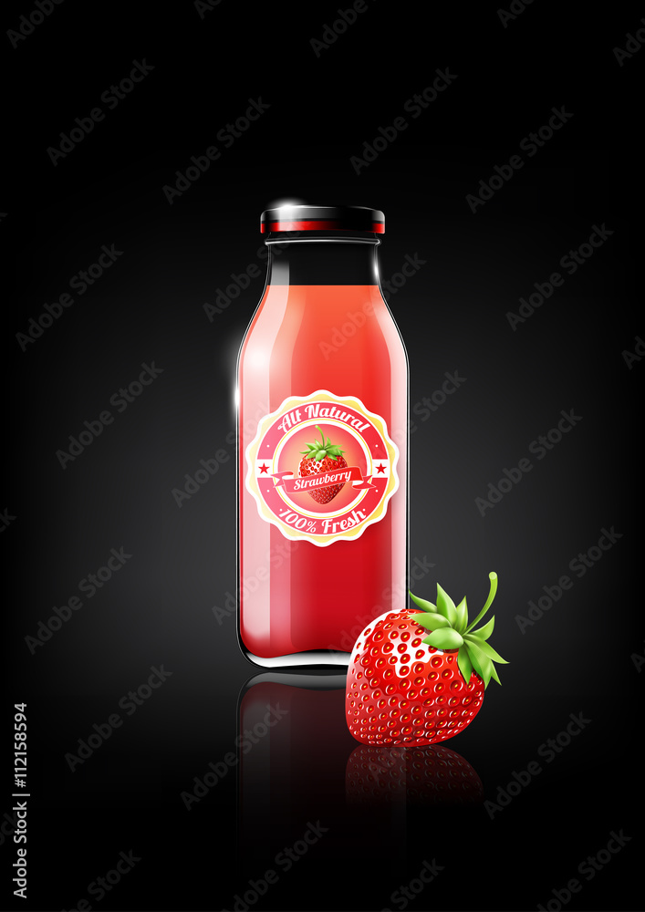 装在玻璃瓶中的草莓汁，用于设计广告和复古标志，水果，透明，Ve