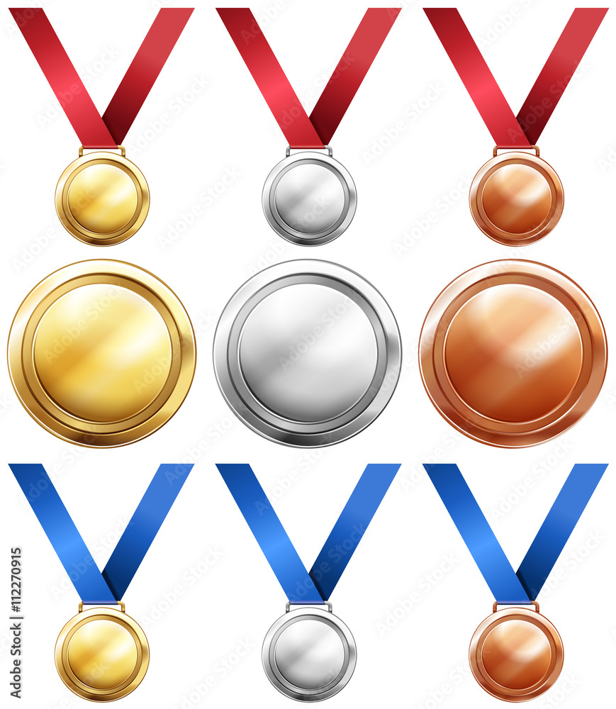 Three kind of medals with red and blue ribbon