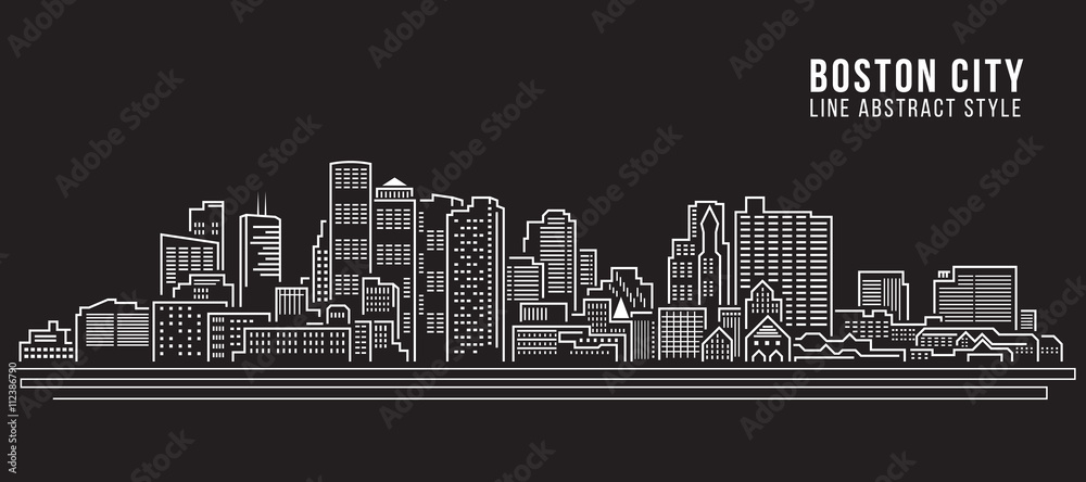 城市景观建筑线条艺术矢量插图设计-波士顿市