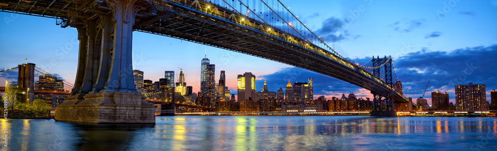 纽约黄昏时分的曼哈顿大桥全景，天际线和布鲁克林大桥