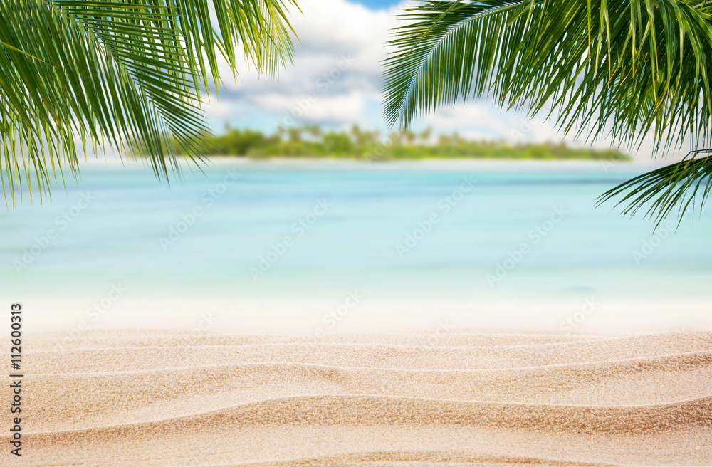 背景为岛屿的沙质热带海滩