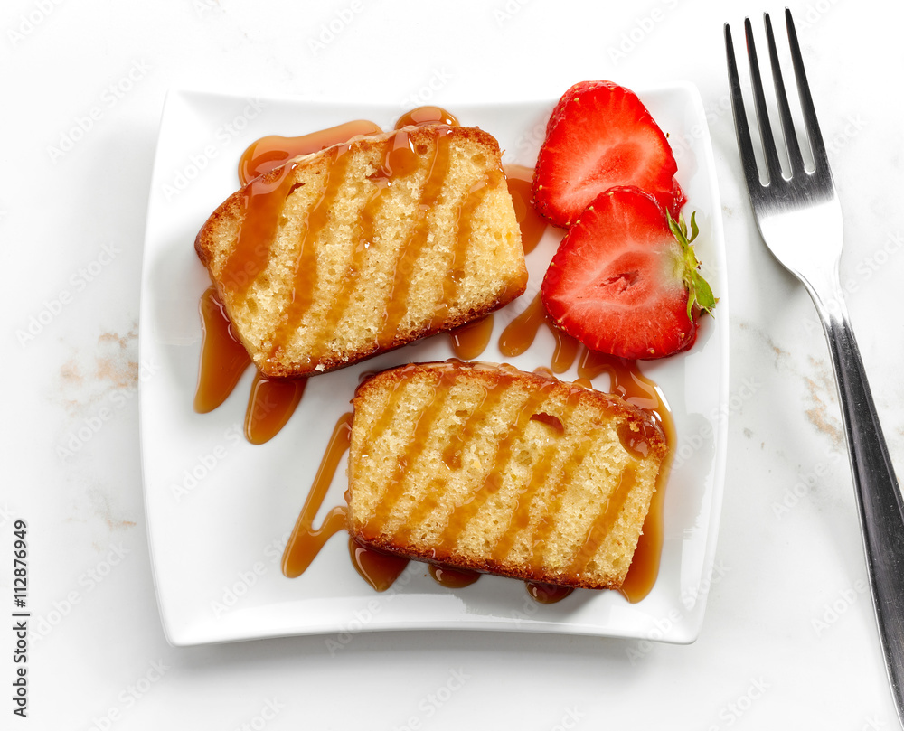 biscuit cake slices decorated with caramel sauce