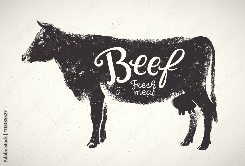 Graphical silhouette cow and inscription. Vector illustration, drawn by hand. Can be used as labels 