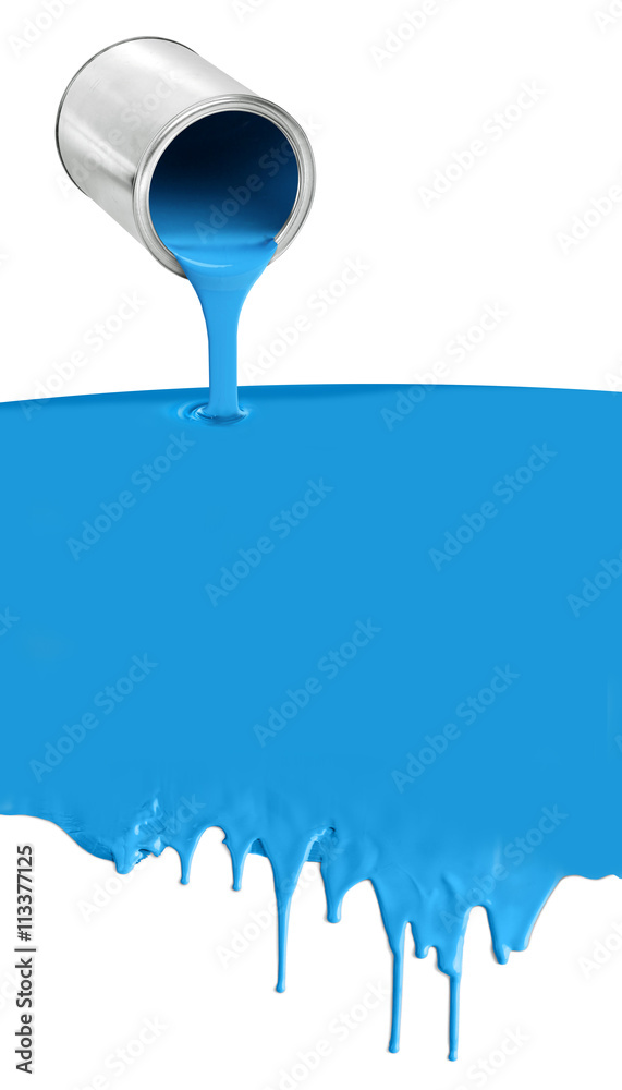 Paint can pouring dripping blue on white