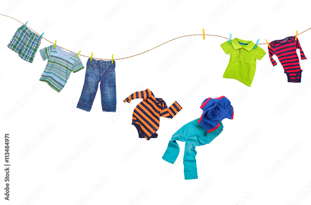 Laundry line with falling clothes on a white
