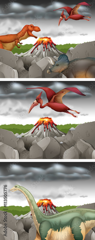 恐龙和火山的场景