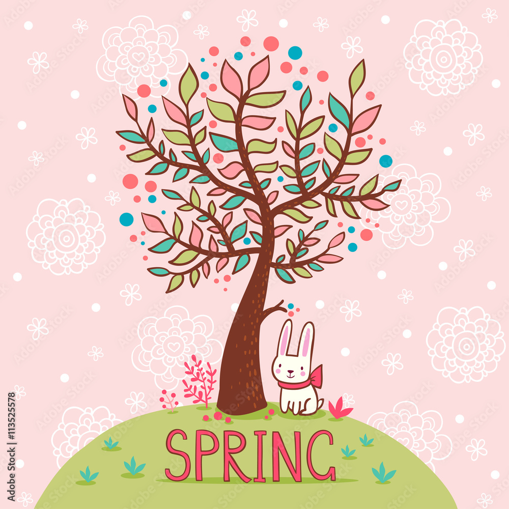 以树和兔子为季节背景。春季卡片。