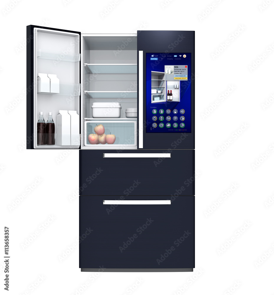 智能冰箱正面视图。用户可以通过触摸屏界面管理食物或购买新冰箱