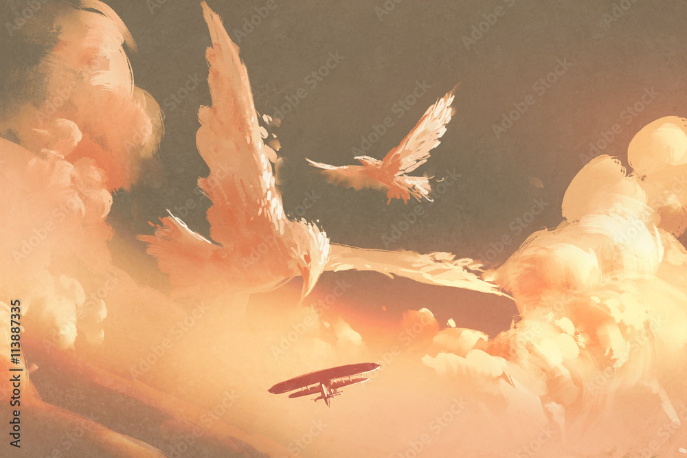 日落天空中的鸟形云，插图画