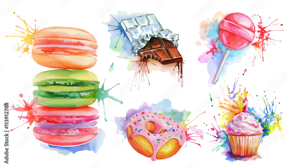 水彩糖果套装，矢量图标系列，包括棒棒糖、马卡龙、生日纸杯蛋糕