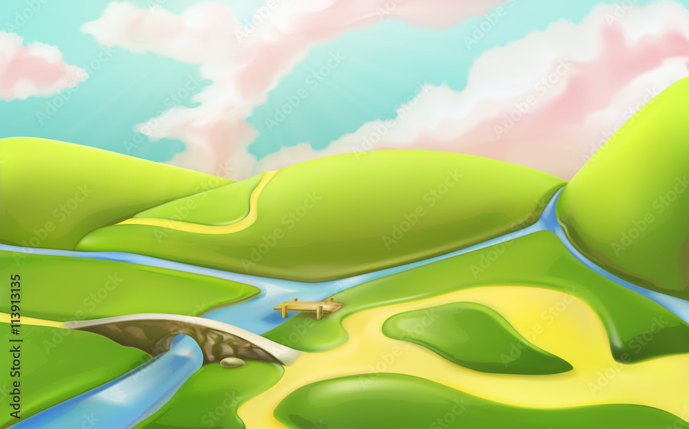 带有桥梁的三维卡通自然景观，带有草地、山丘、河流和多云的矢量插图