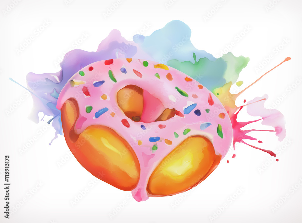 带粉色糖霜矢量插图的甜甜圈，水彩画，孤立在白色背景上