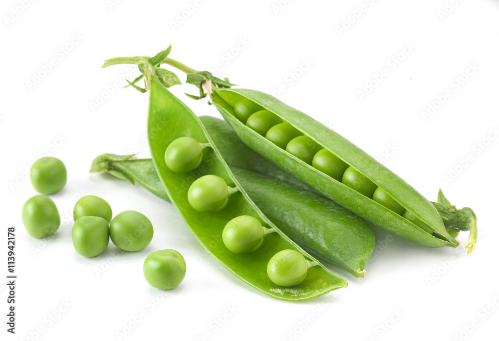 Young grean peas on white