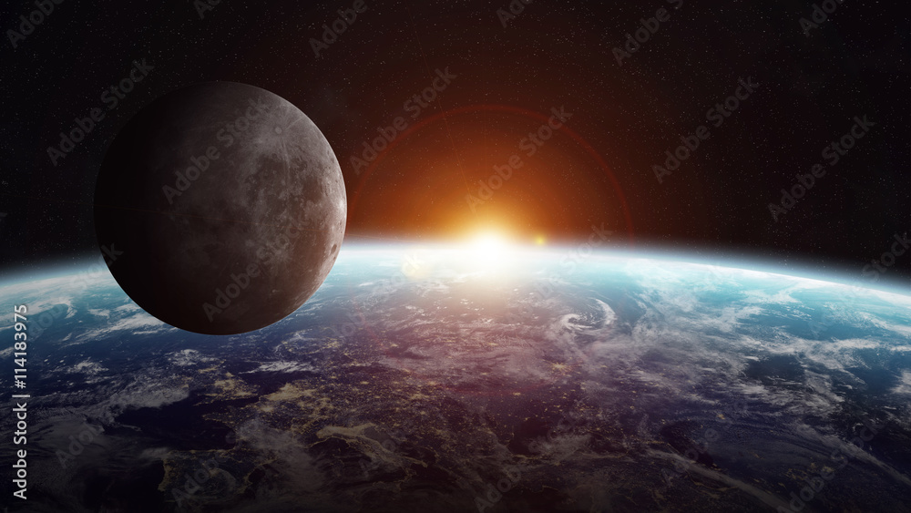 月球在太空中靠近地球的景象